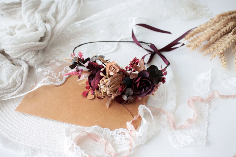 Dusty pink burgundy flower crown,Burgundy blush pink crown ,Maroon wedding,Boho wedding,Bridal flower crown, image 2