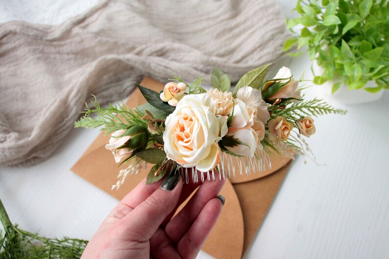 Peach flower comb,Romantic wedding,Flower hair comb, Decorative hair piece image 7