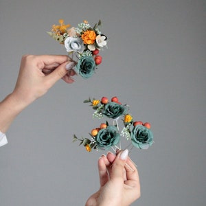 Dark teal orange flower comb,Dark teal wedding,Wedding accessories,Autumn flower comb,Flower hairpins,Orange flower comb,Bridal floral clip image 5