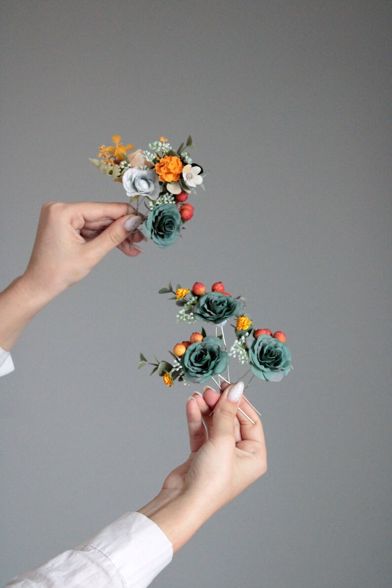 Dark teal orange flower comb,Dark teal wedding,Wedding accessories,Autumn flower comb,Flower hairpins,Orange flower comb,Bridal floral clip image 5