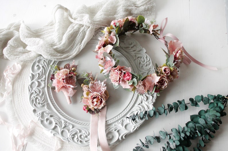Dark pink flower crown,Burgundy dusty rose crown,Maternity crown,Boho wedding crown,Bridal floral crown,Wedding headpiece,Bridal crown image 5