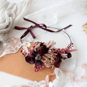 Dusty pink burgundy flower crown,Burgundy blush pink crown ,Maroon wedding,Boho wedding,Bridal flower crown, image 7