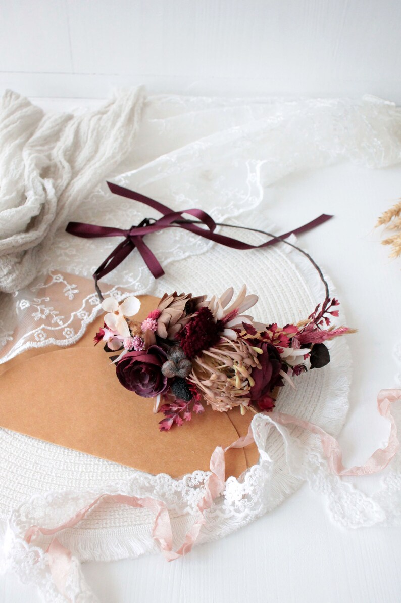 Dusty pink burgundy flower crown,Burgundy blush pink crown ,Maroon wedding,Boho wedding,Bridal flower crown, image 7