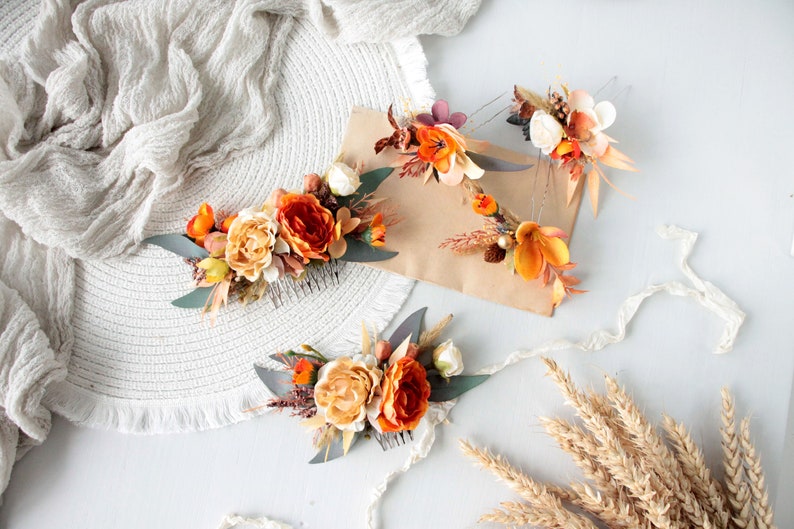 Burnt orange rust floral comb,Orange brown comb,Bridal hair piece,Hair comb,Fall wedding,beige-orange flower comb,flower comb boho image 5