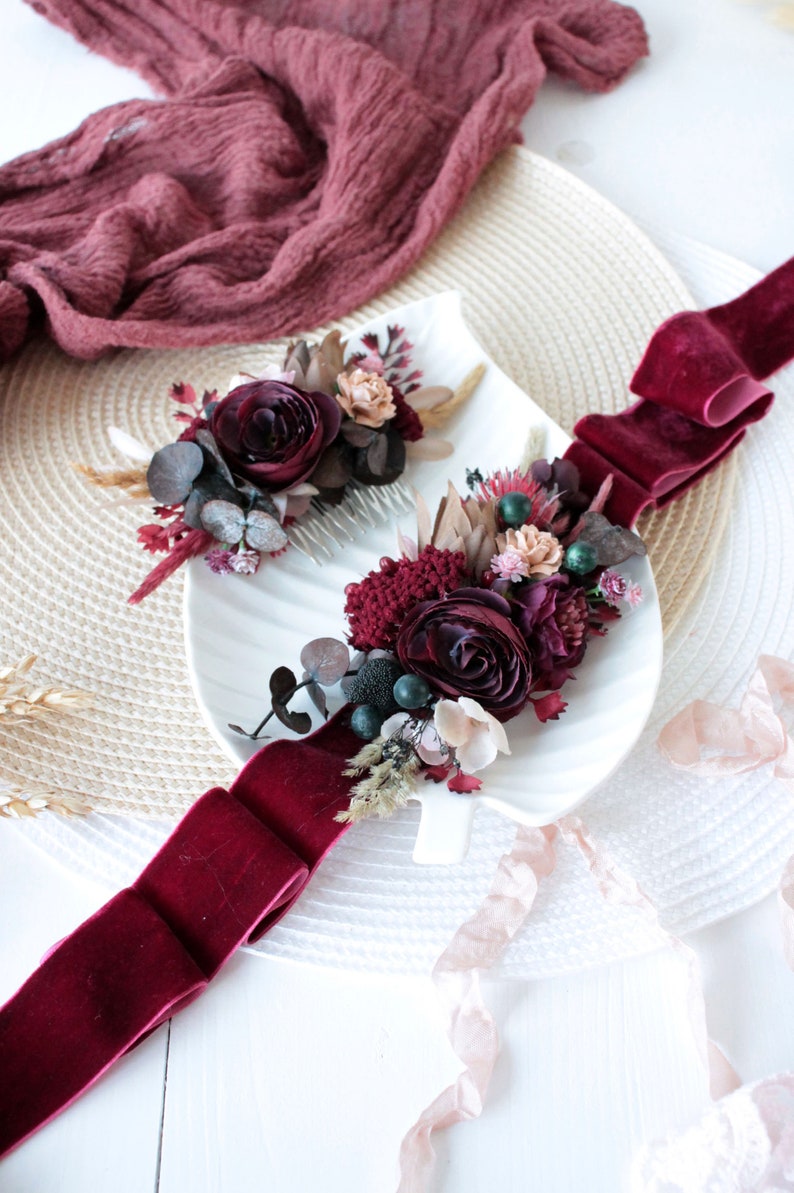 Dusty pink burgundy flower crown,Burgundy blush pink crown ,Maroon wedding,Boho wedding,Bridal flower crown, image 4