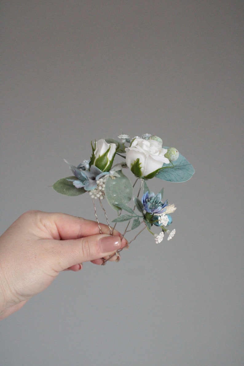 Blue wedding hair pins,White blue wedding hair pins,Flower headpiece, White flower hair pins,Wedding hair pieces image 7