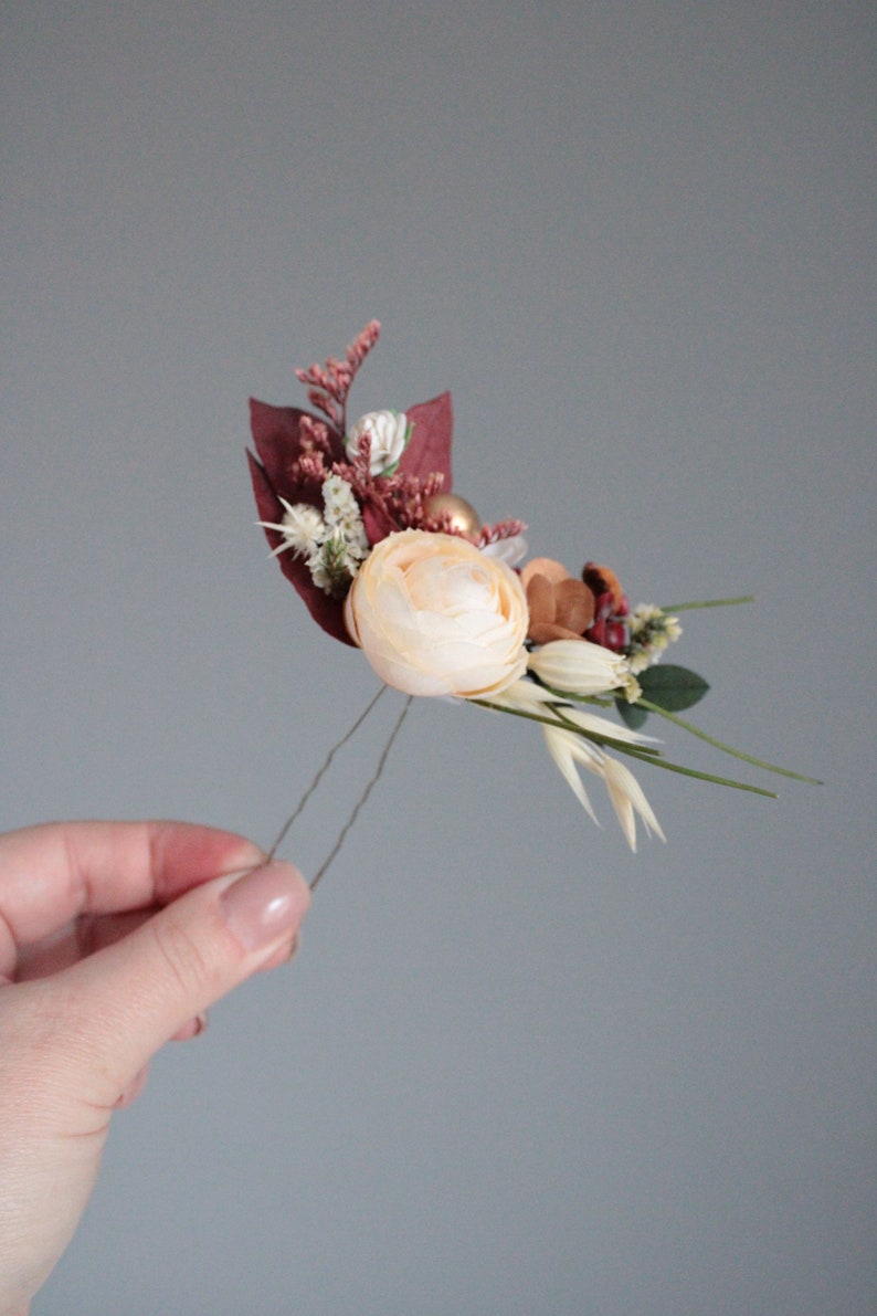 Épingles à cheveux beige bordeaux, épingle à cheveux rustique, mariage d'automne, accessoires de mariage, postiche de mariée, casque à fleurs, épingles à cheveux automne, accessoires de cheveux image 9