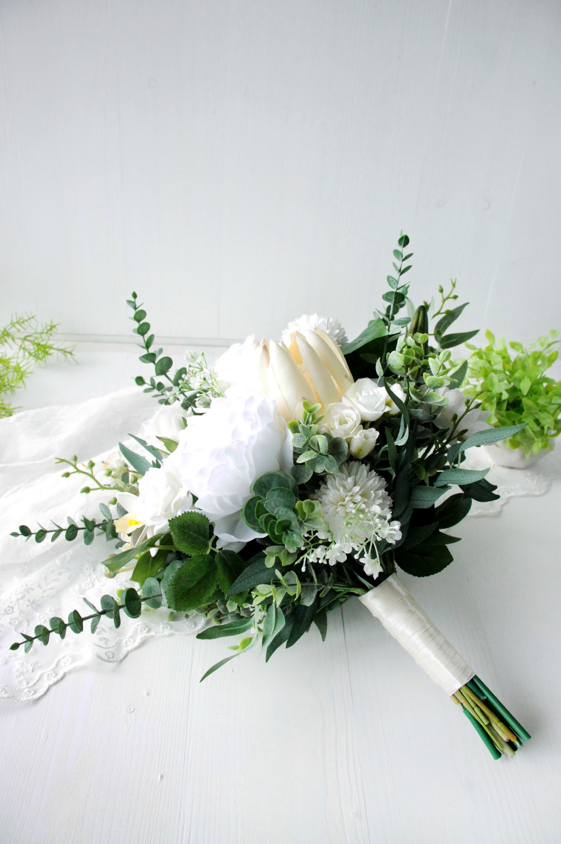 Bouquet white peony eucalyptus proteas White peony Etsy