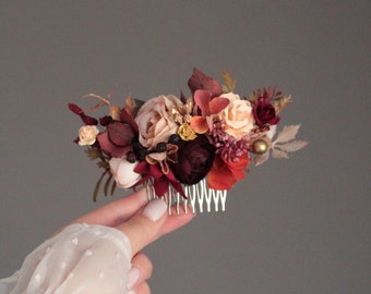 Bridal floral hairpiece,Marsala hair comb,Wedding hair comb, Bridesmaid hair piece, Maroon flower comb,Flower Girl Comb,Bridesmaid Hairpiece