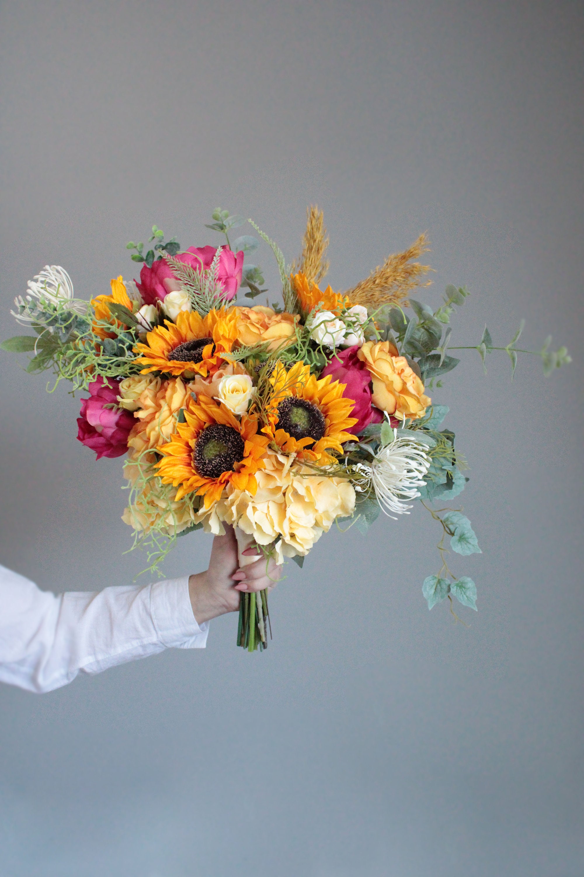 Ling's Moment Sunflower Bridal Bouquet - 15" Orange Silk Wedding Bouquet For Bride
