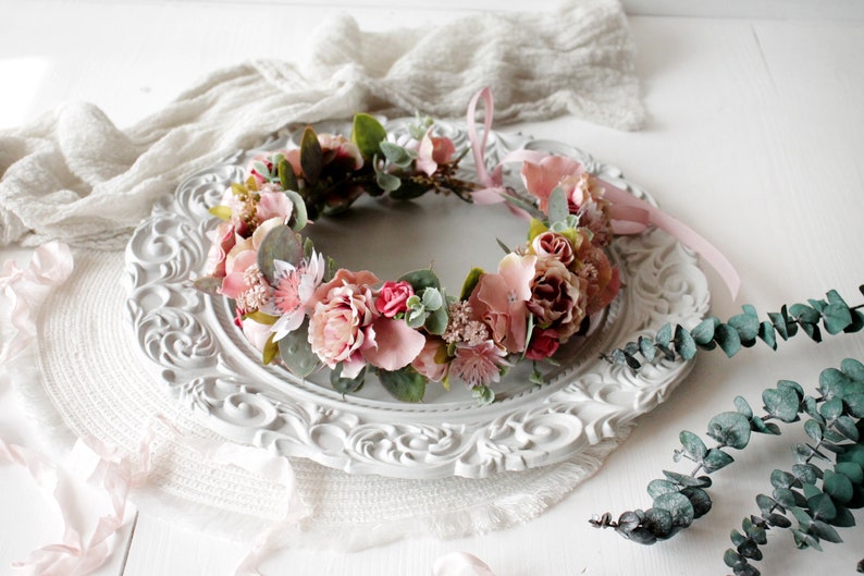 Dark pink flower crown,Burgundy dusty rose crown,Maternity crown,Boho wedding crown,Bridal floral crown,Wedding headpiece,Bridal crown image 7