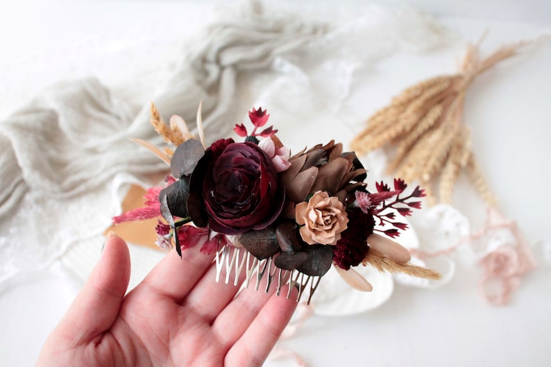 Dusty pink burgundy flower crown,Burgundy blush pink crown ,Maroon wedding,Boho wedding,Bridal flower crown, image 3