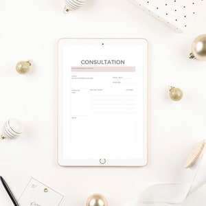 May include: A digital tablet displaying a consultation form with fields for customer name, event details, date, deadline, venue, items, and price. The screen features the word CONSULTATION at the top, surrounded by gold and striped ornaments and a gift box.