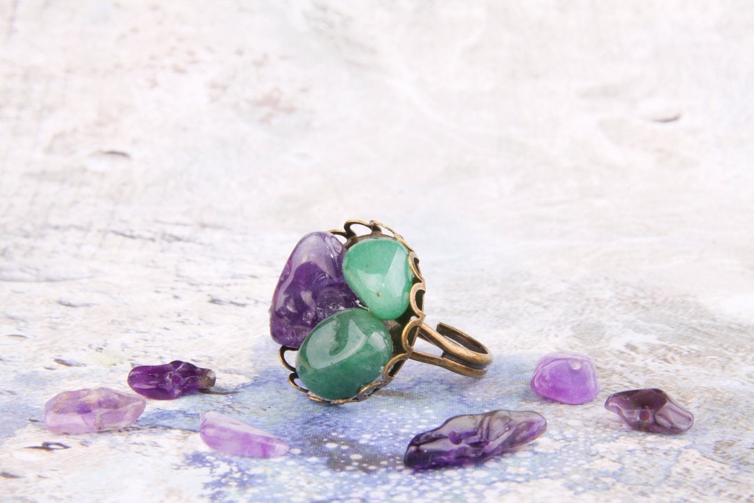 Bague Réglable En Améthyste Verte Ovale - Pierres Synthétiques Plaqué Argent - Fabriqué En Inde