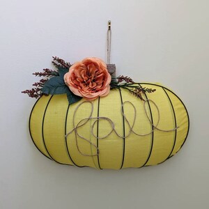 Yellow Cloth-Wire &quot;Fall&quot; Pumpkin Wreath with Fall Flowers