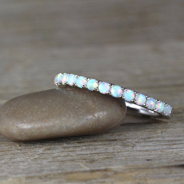 Natural Opal Eternity Ring, Opal Half Eternity Band, Opal Wedding Band, Sterling Silver Ring, Dainty Opal Ring, October Birthstone Ring Band