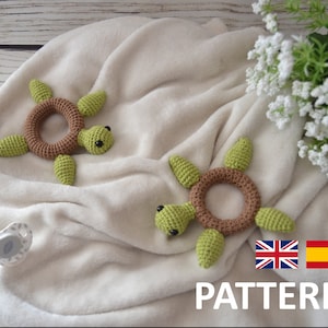 Turtle Rattle pattern, Turtle crochet rattle baby toy pattern, Patrón sonajero Tortuga, Patrón sonajero amigurumi bebé,