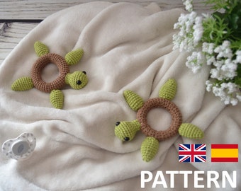 Turtle Rattle pattern, Turtle crochet rattle baby toy pattern, Patrón sonajero Tortuga, Patrón sonajero amigurumi bebé,