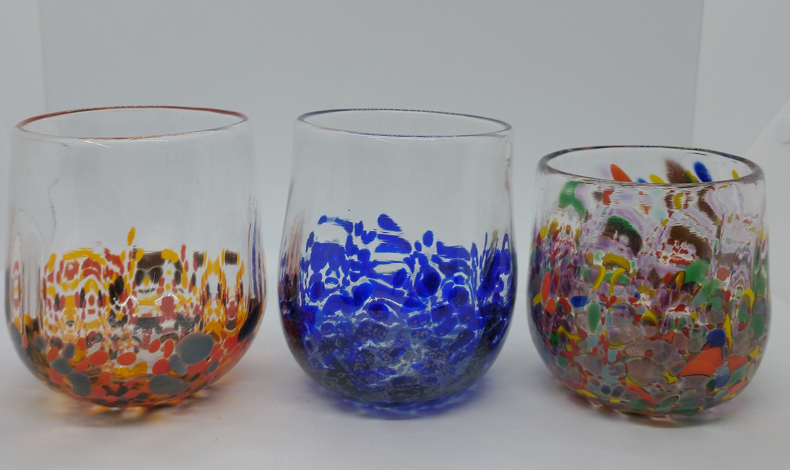 THREE glass Cups Hand Blown Glass Drinking Glasses Set Etsy