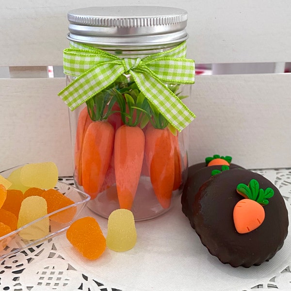 Spring Carrots Tiered Tray  Decor / Little Carrots In Jar Decoration / Fake Chocolate Mint Cookies / Easter Gumdrop Candy Fake Bakes