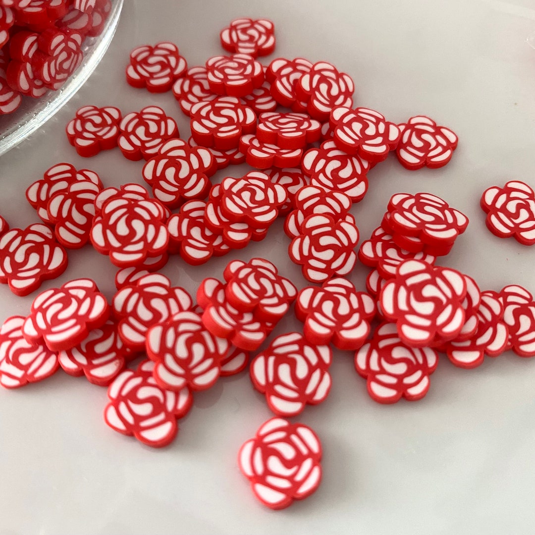 Fake Sprinkles / Rose Shaped Sprinkles / 10mm White Red Flower Polymer ...