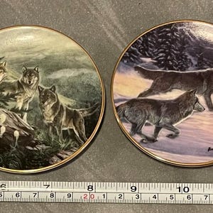 Op de afbeelding: Vier decoratieve borden met wolvenafbeeldingen. Elk bord toont een andere scène van wolven in de natuur, met gouden randen. De borden tonen wolven die huilen, rennen en interageren in verschillende landschappen. De borden hebben een diameter van ongeveer 15 cm.