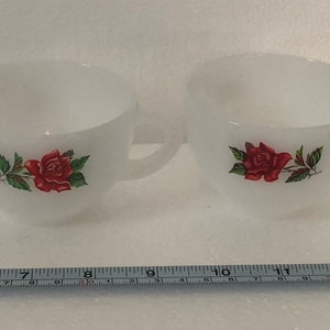 4 Vintage Federal Glass Milk White Rose Flower Teacup Cup