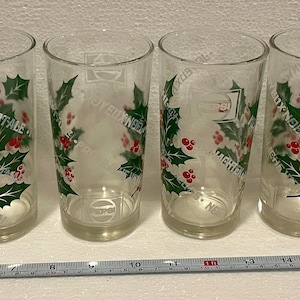 6 Vintage Pepsi Cola Holiday World Glass Cups Merry Christmas Holly Bilingual *RARE*