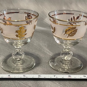 2 Vintage Libbey Gold Leaf Frosted Mini Bell Shaped Wine Glasses