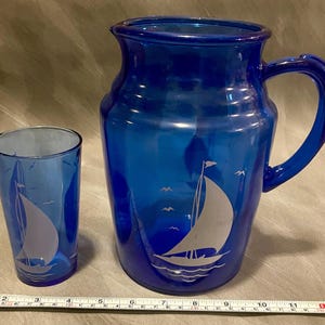 Vintage Hazel Atlas Cobalt Blue Glass Pitcher and Cup Sportsman Series Sailboat Summer