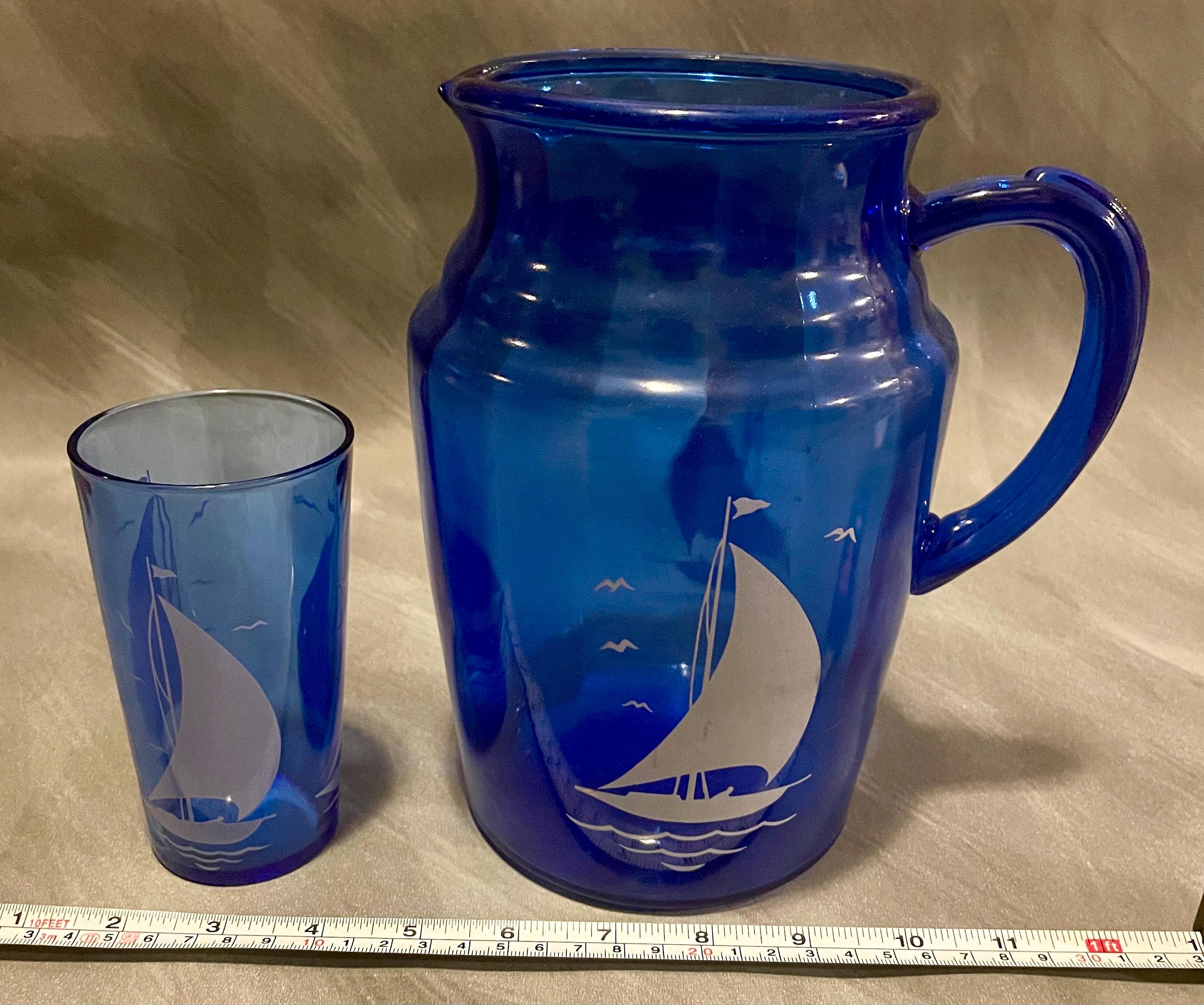 Vintage Hazel Atlas Cobalt Blue Glass Pitcher and Cup Sportsman