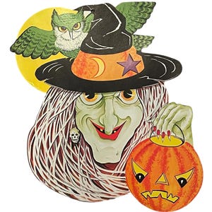 May include: A vintage Halloween paper cutout of a witch with a black hat, a green owl, and a jack-o'-lantern. The witch has long white hair, a green face, and a red mouth. The owl is perched on the witch's hat. The jack-o'-lantern is orange and has a scary face.