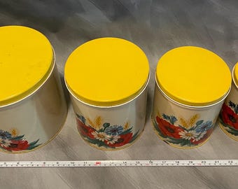 Vintage Metal Tin Canisters Flowers Yellow 4 Piece Set