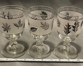 3 Vintage Libbey Silver Leaf Frosted Glass Goblet Cups Starlyte MCM