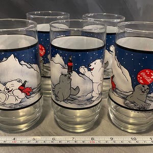 5 Vintage Polar Bear Coca Cola Glass Cups Coke 1997