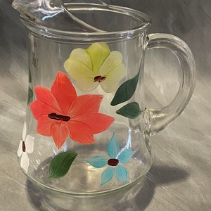 Vintage Clear Glass Hand Painted Flower Pitcher
