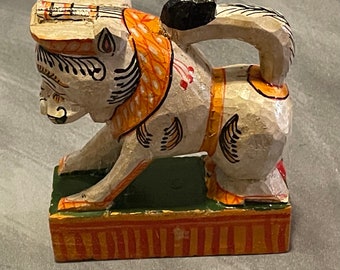 Vintage Wooden Figure Lion Figure Bohemian Decor Rustic Safari Folk Art Handcarved Wood Animal Figurine India