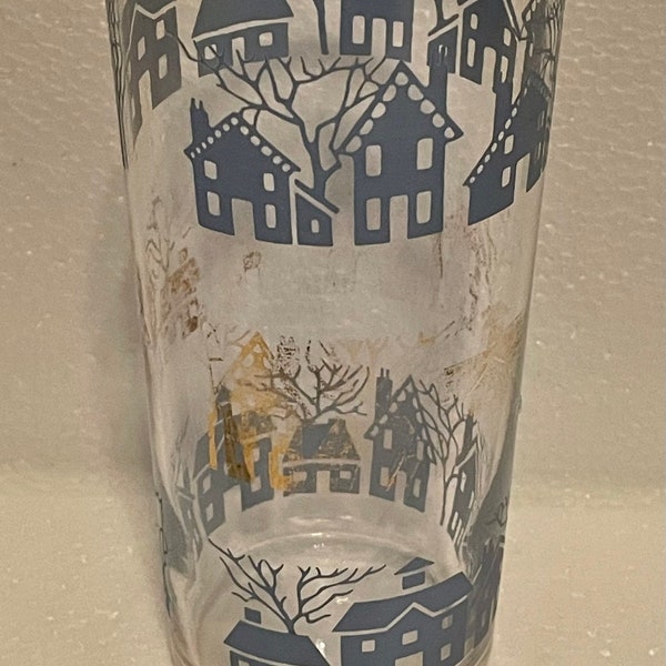 Vintage Federal Glass Cup Homes Houses Blue Gold