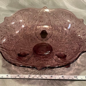 Vintage Fenton Silvertone Amethyst 3 Footed 9” Glass Bowl Embossed Wisteria