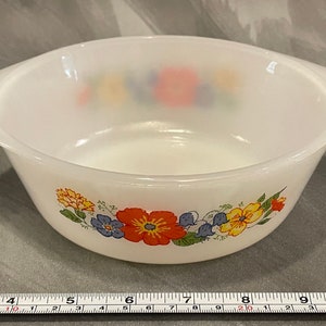 Vintage Glasbake Milk Glass Round Flowers Casserole Dish J510 - 1 Quart USA
