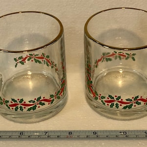 3 Vintage Christmas Holly Berry Glass Mugs Cups USA