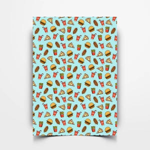 May include: A light blue background with a repeating pattern of fast food items. The pattern includes hamburgers, french fries, pizza slices, and red cups with straws.
