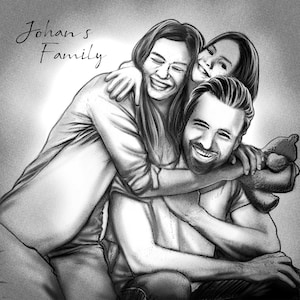 Puede incluir: Un dibujo a l&aacute;piz en blanco y negro de una familia de tres. Una mujer con el pelo largo abraza a un hombre por detr&aacute;s, mientras que una ni&ntilde;a abraza al hombre por delante. El hombre sonr&iacute;e y las mujeres r&iacute;en. El dibujo est&aacute; titulado "Johan's Family".