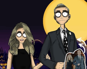 Puede incluir: Una ilustración de dibujos animados de una pareja vestida de negro, caminando frente a una gran luna amarilla. La mujer tiene ojos grandes y un vestido negro. El hombre lleva un traje y una corbata. Una imagen más pequeña en la esquina muestra una pareja real vestida de negro, caminando frente a un edificio.