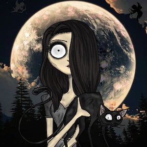 May include: A woman with long black hair and large eyes holds a black cat in front of a large, full moon. The moon has a textured surface and appears to be a planet.