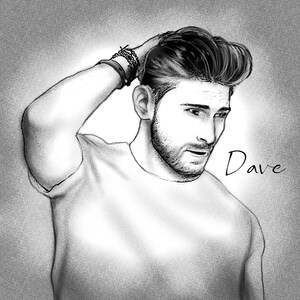 Puede incluir: Un dibujo en blanco y negro de un hombre con el pelo corto y peinado. Lleva una camiseta blanca lisa y tiene la mano en la cabeza. La palabra "Dave" est&aacute; escrita en cursiva en la esquina inferior derecha de la imagen.