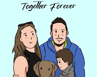 Portrait de famille en dessin animé personnalisé, cadeau d'anniversaire (numérique)