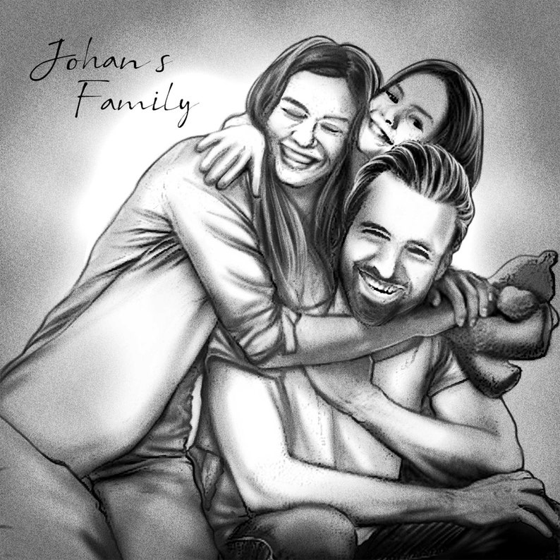 Puede incluir: Un dibujo a l&aacute;piz en blanco y negro de una familia de tres. Una mujer con el pelo largo abraza a un hombre por detr&aacute;s, mientras que una ni&ntilde;a abraza al hombre por delante. El hombre sonr&iacute;e y las mujeres r&iacute;en. El dibujo est&aacute; titulado "Johan's Family".