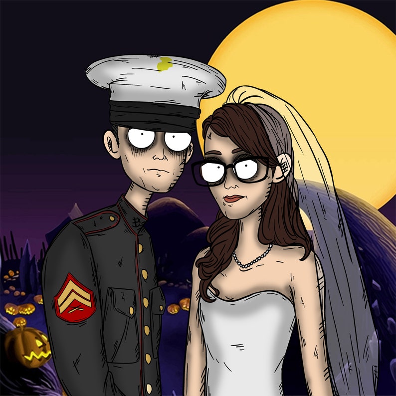 May include: A cartoon illustration of a couple dressed in wedding attire. The man is wearing a military uniform with a black hat and the woman is wearing a white wedding dress with a veil. The background is a dark night sky with a full moon.