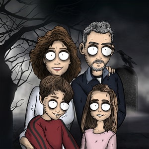 Ritratto personalizzato in stile Tim Burton - Ritratto da incubo - Opera d'arte digitale fatta a mano - Dalle foto al disegno